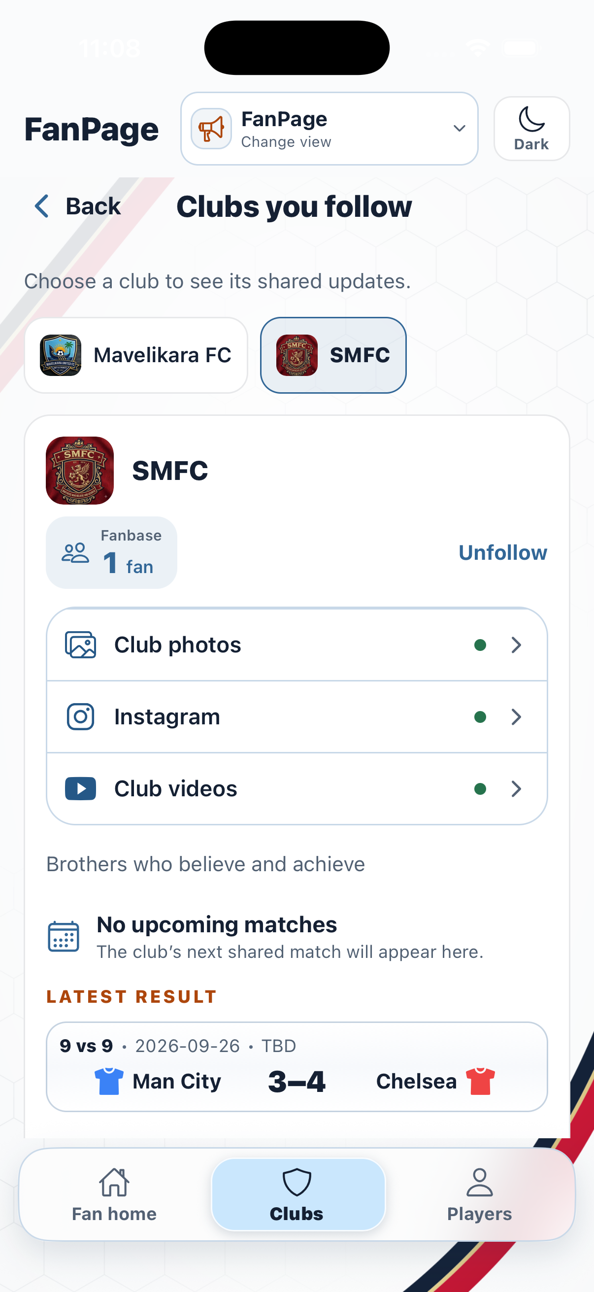 SoccerHeros FanPage Clubs you follow screen showing club photos, Instagram, club videos and the latest result
