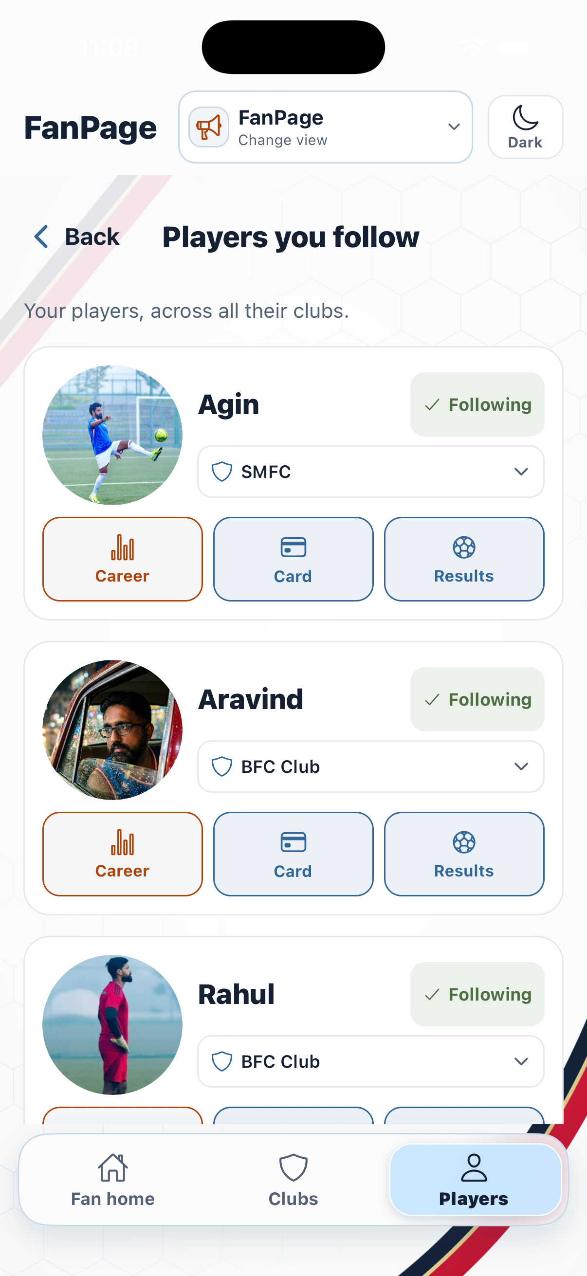 SoccerHeros FanPage Players you follow screen with Following, Career, Card and Results actions