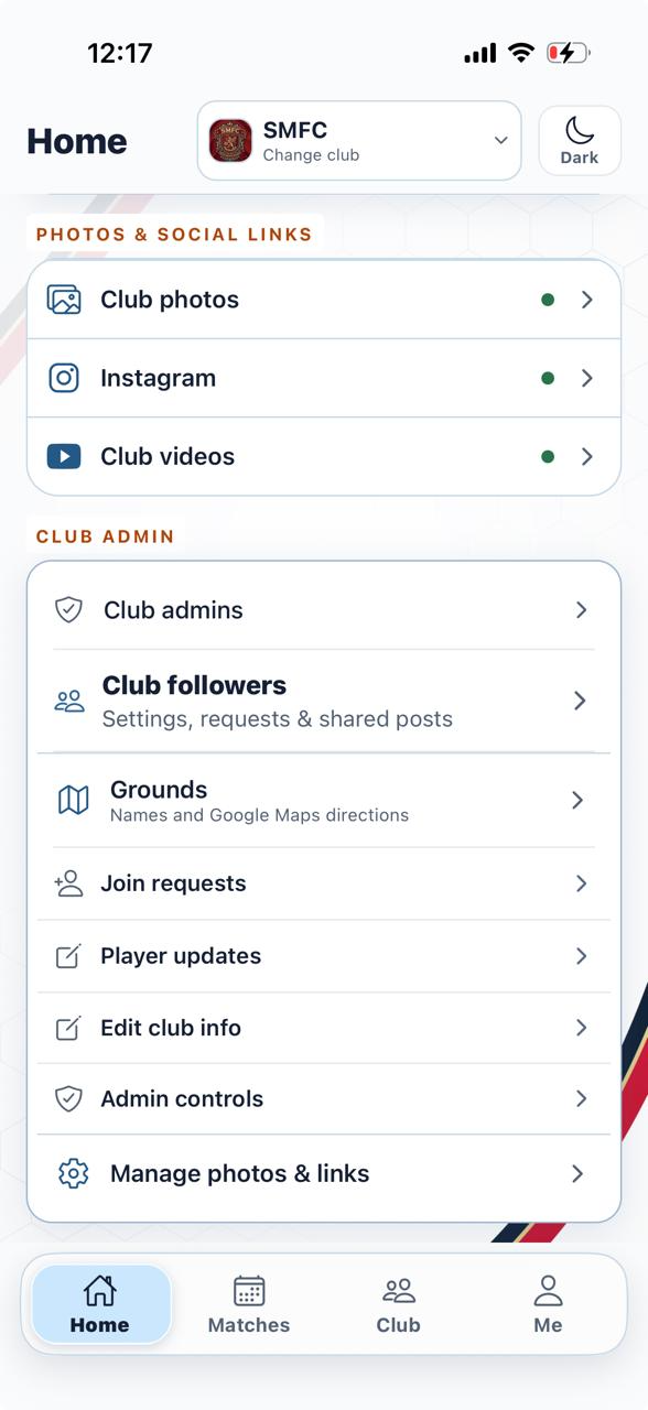 SoccerHeros club Home showing club photos, Instagram, club videos and controls for followers, photos and links