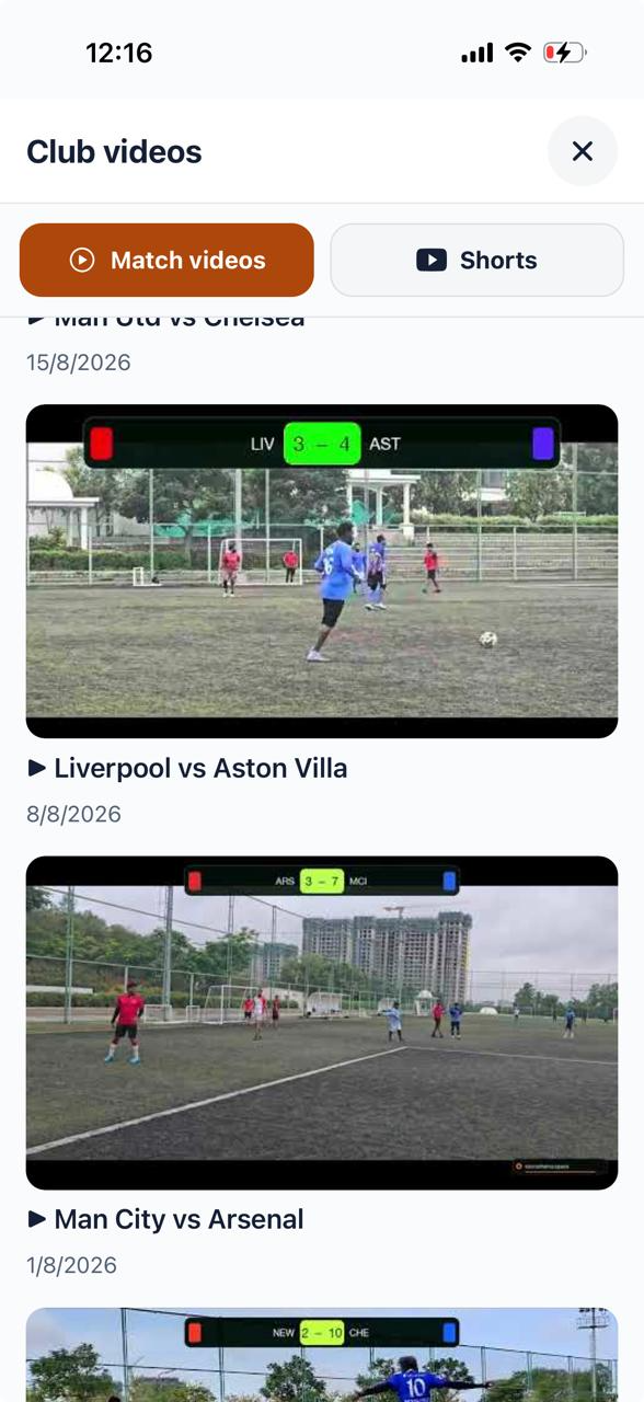 SoccerHeros Club videos screen with Match videos and Shorts tabs and recorded football matches