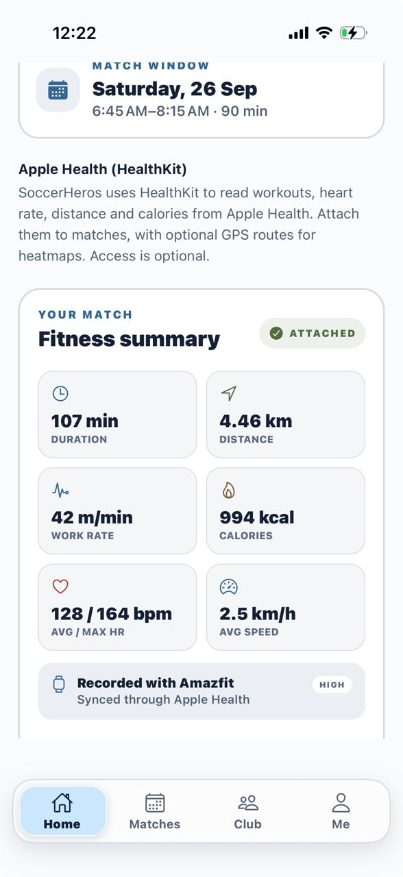 Attached SoccerHeros fitness summary: 107 minutes, 4.46 kilometres, work rate, calories, heart rate and average speed, recorded with Amazfit through Apple Health