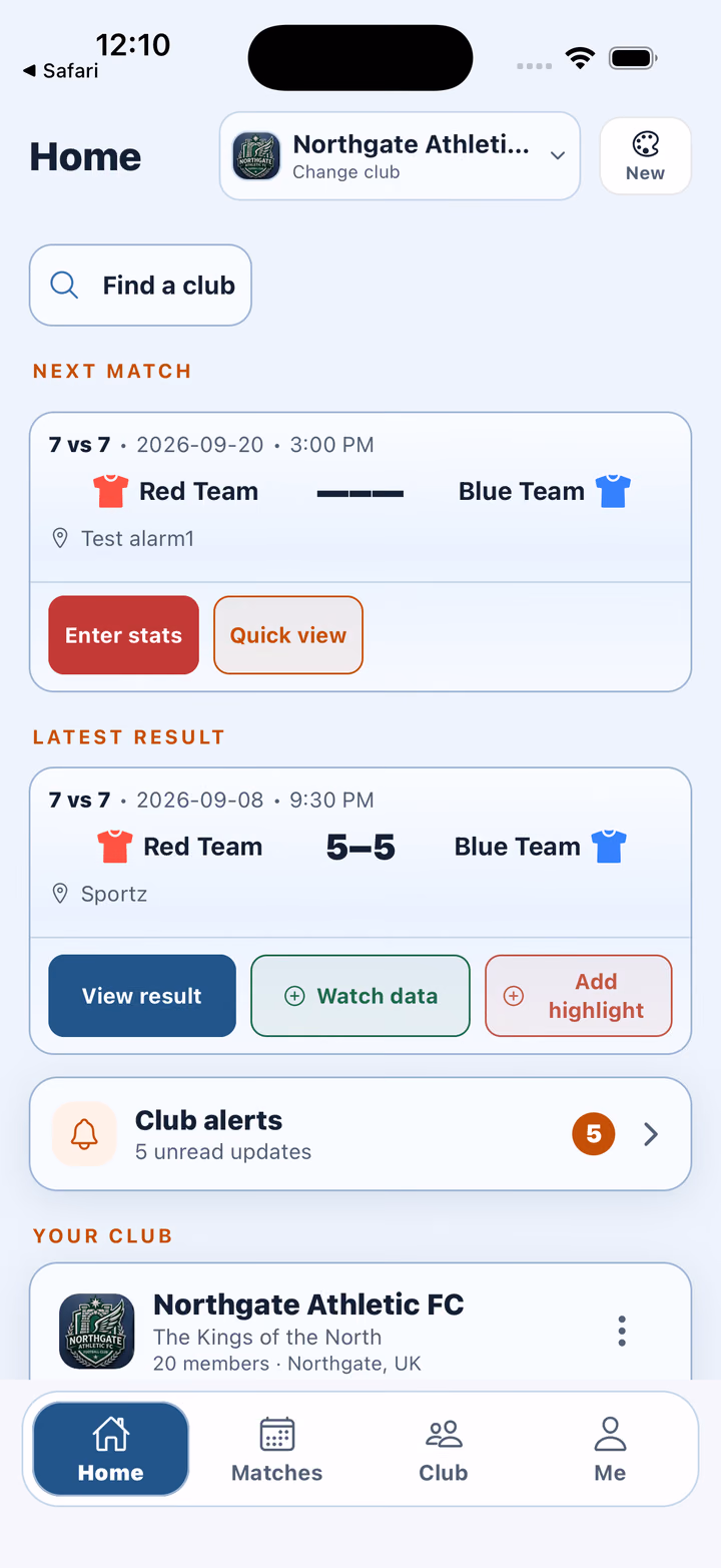 SoccerHeros New-layout Home with the next match, latest result and active club