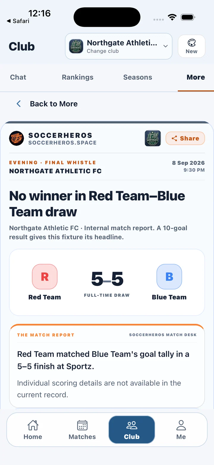 SoccerHeros 2.0.1 New layout: a completed match result and club news report