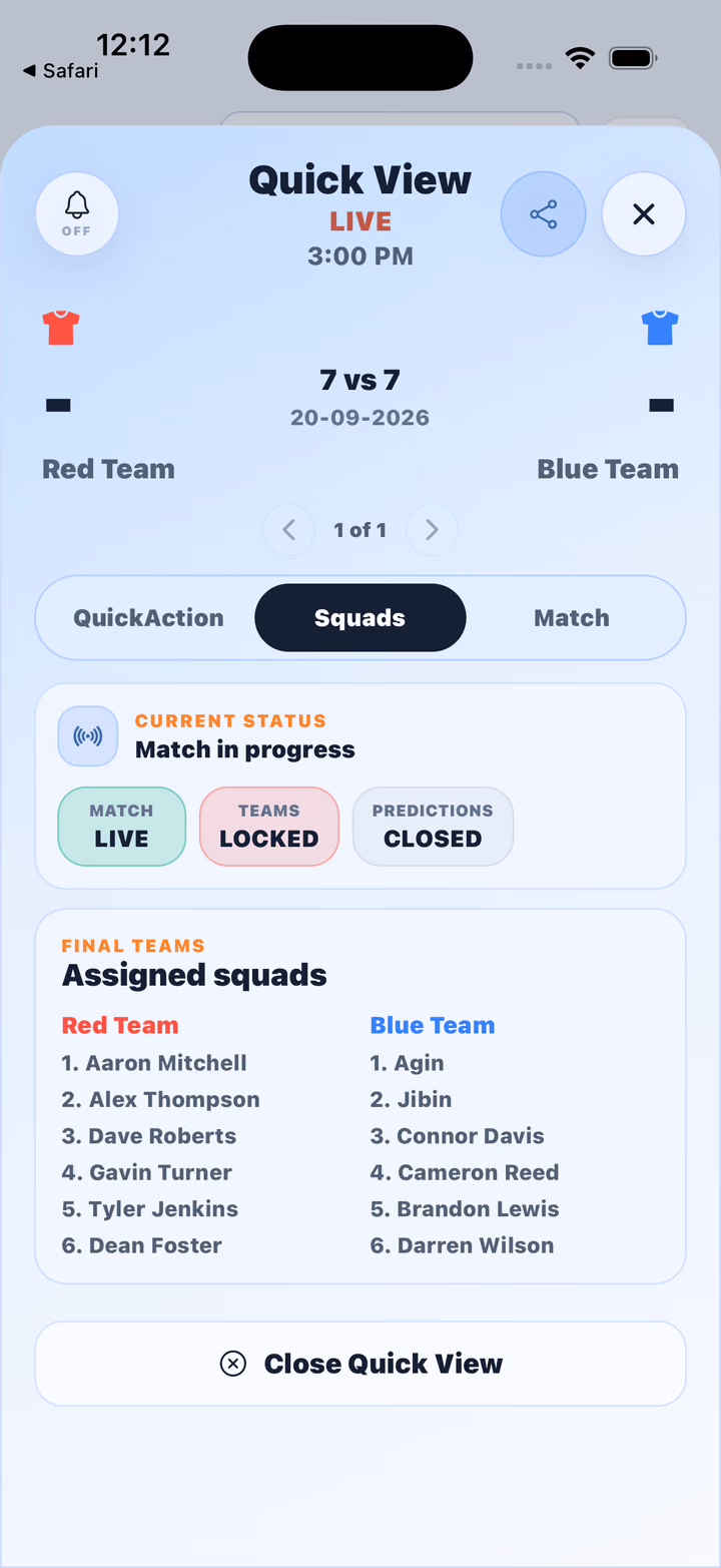 SoccerHeros 2.0.1 New layout: assigned squads in Quick View