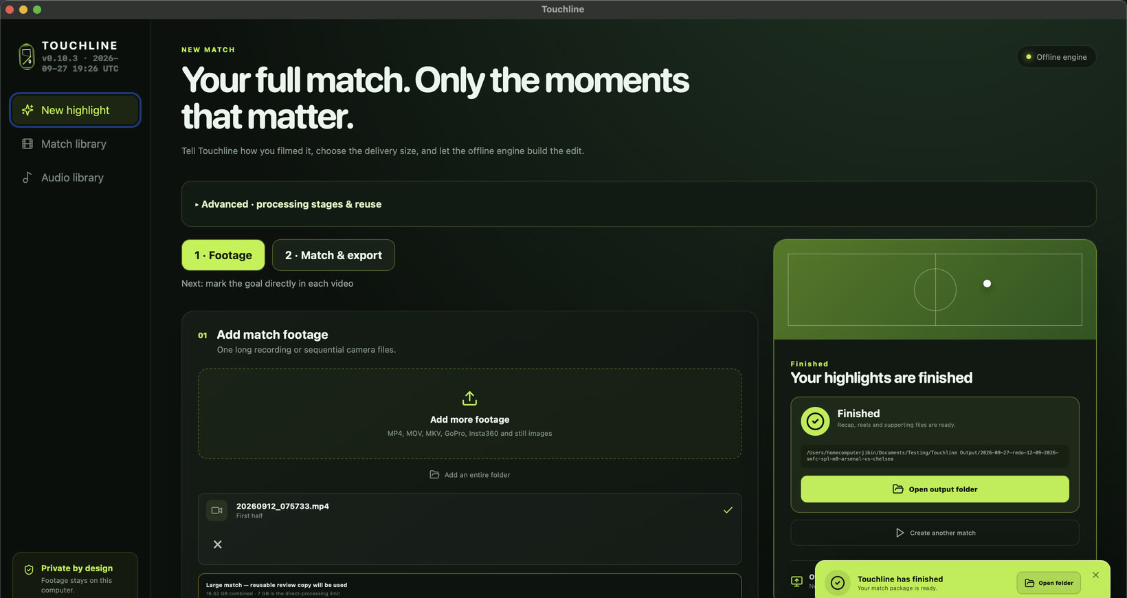 Touchline Match Library showing saved football highlight projects, scorelines and actions to play a recap or reopen review