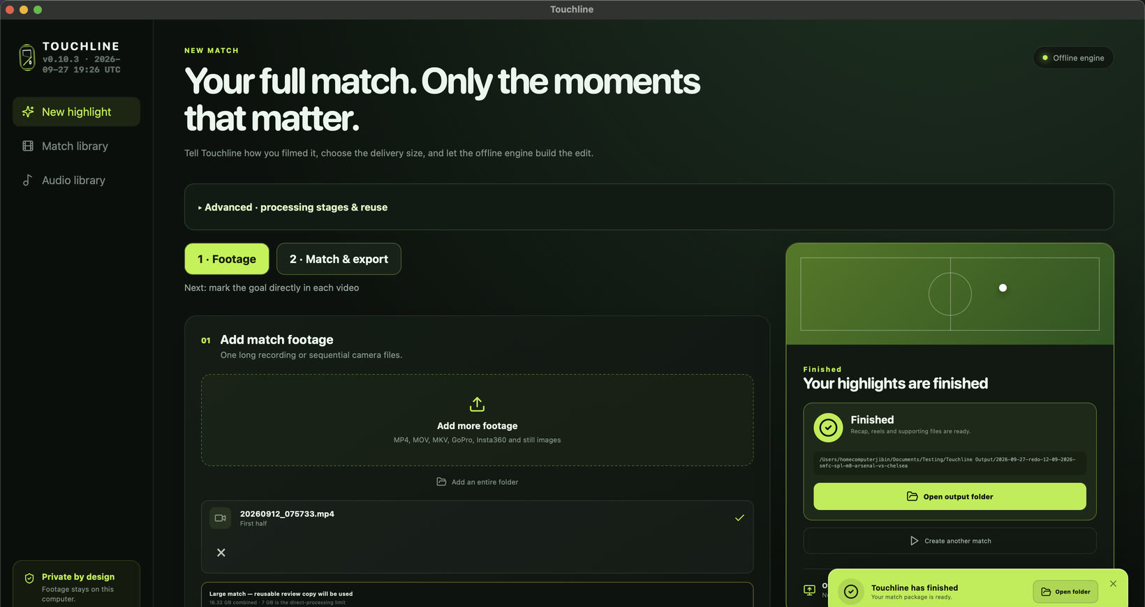 Touchline New Highlight workspace showing a football video input and offline processing setup