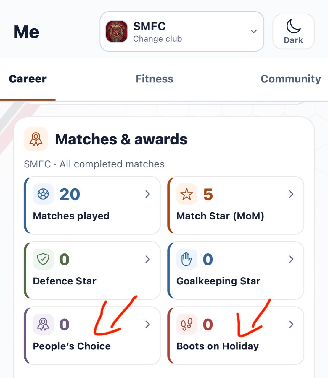 Career Matches and awards showing People’s Choice and Boots on Holiday alongside match awards