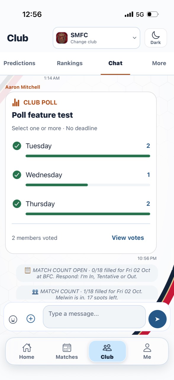 Club Chat multi-select poll with option counts, result bars and View votes