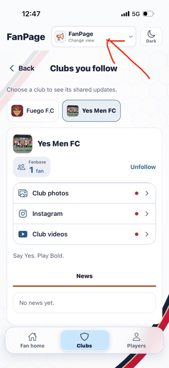 FanPage Clubs you follow showing club fanbase and shared updates