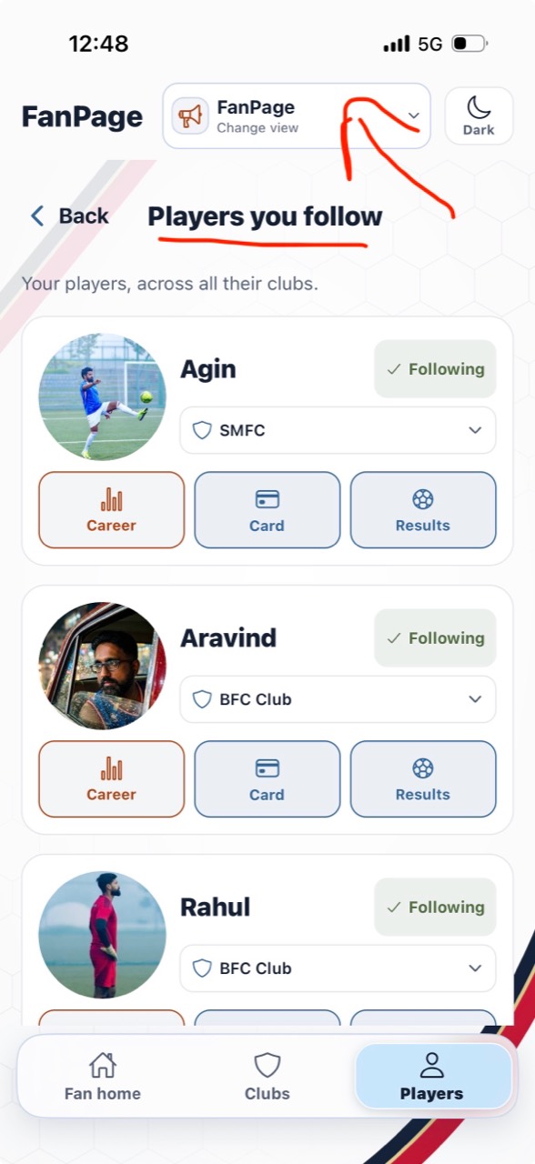 FanPage Players you follow with Career, Card and Results shortcuts