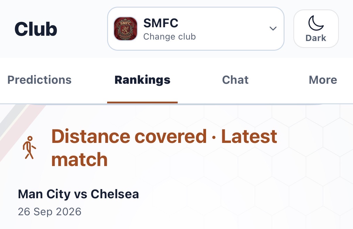Club Rankings Distance covered section identifying the latest match, Man City versus Chelsea on 26 September 2026