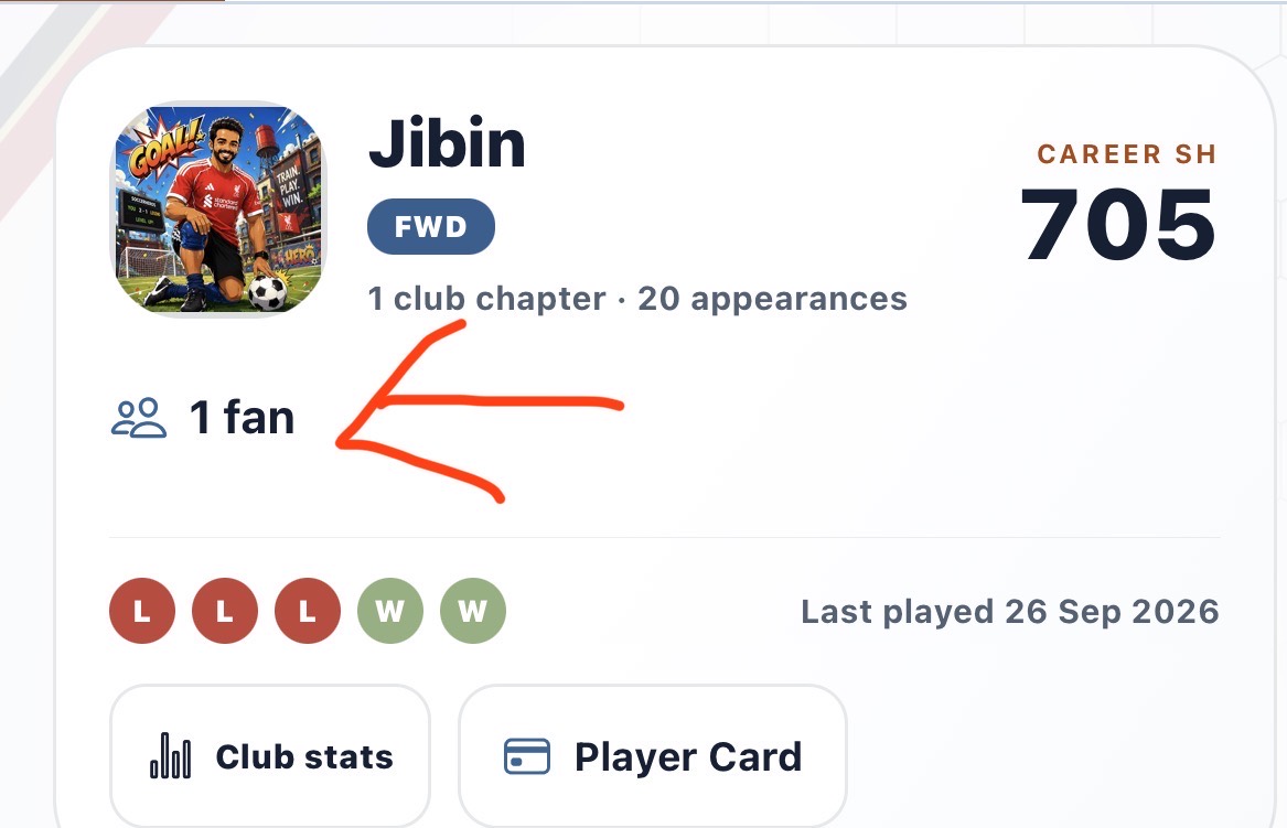 Jibin’s Career profile with the new player fan count highlighted