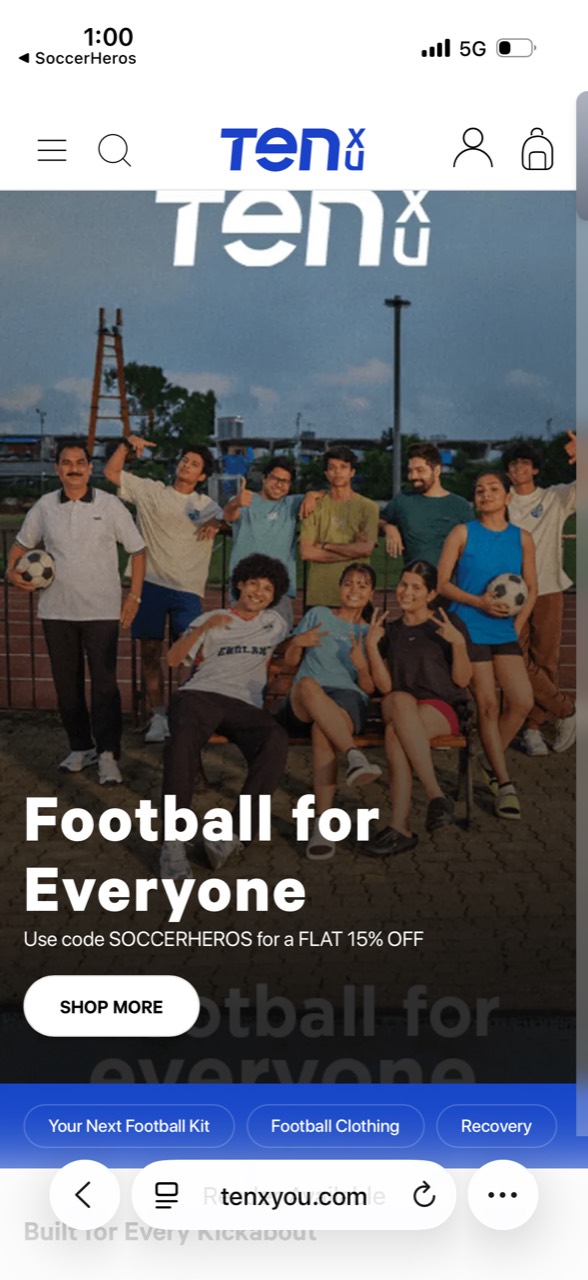 TenxYou Football for Everyone landing page with the SoccerHeros 15% discount code