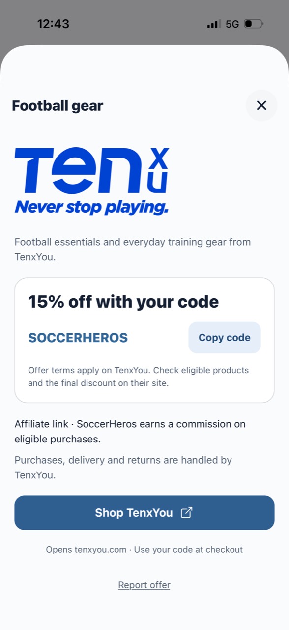 SoccerHeros Football gear screen showing TenxYou, the 15% coupon and Shop TenxYou action